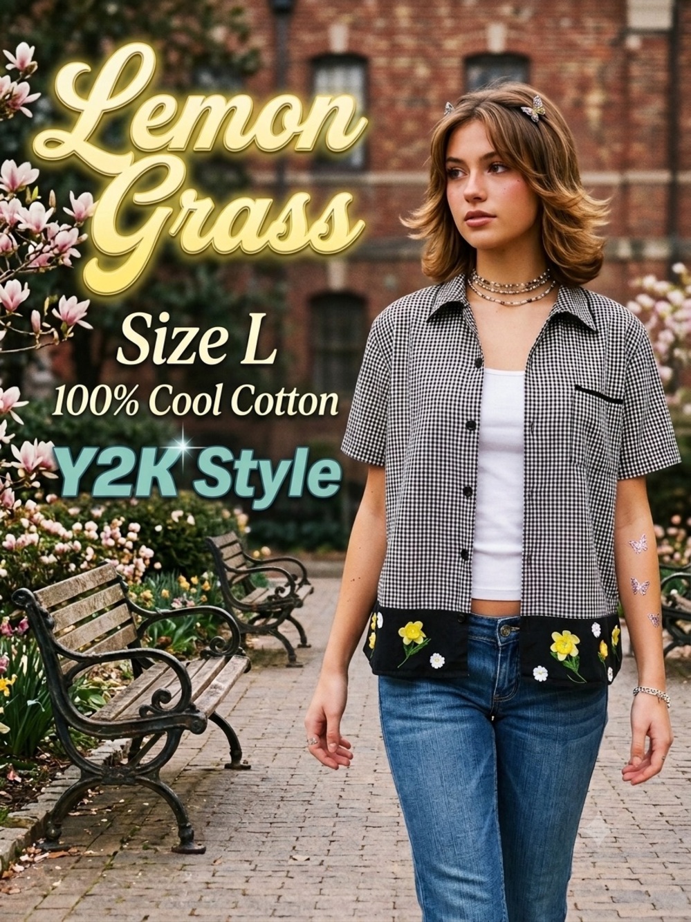 LEMON GRASS Women's Gingham Check Floral Daisy Daffodil Applique Shirt Large - Picture 1 of 12